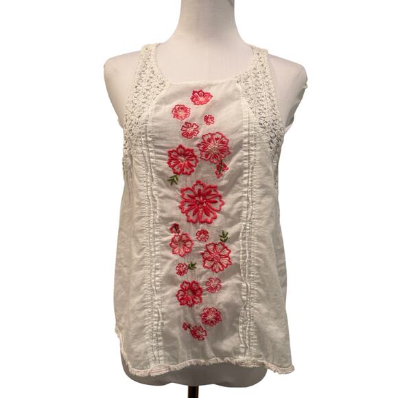 Abercrombie & Fitch Tops - Abercrombie & Fitch Embroidered White Pink Floral Crochet Racerback Tank Top S
